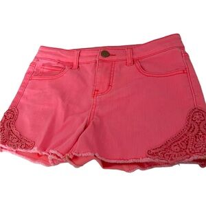 Cherokee neon pink/orange jean shorts with crochet embroidery. Girls Large.